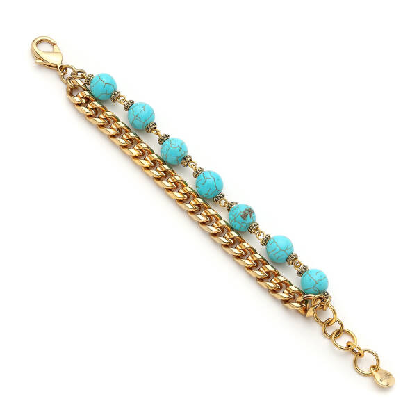 Golden Oasis Turkuaz Doğal Taş Altın Kaplama Zincir Bilezik - 1