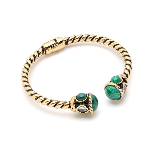 Green Halo Malachite Natural Stone Gold Plated Cuff Bracelet - 
