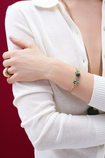 Green Halo Malachite Natural Stone Gold Plated Cuff Bracelet - (1)