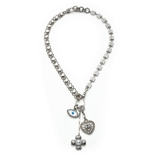 Guardian Grace Eye, Clover, Heart Charm Silver Plated Necklace - 