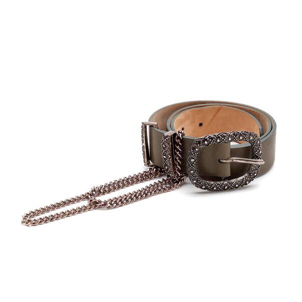 Gumuş Metal Işlemelı 3 Sıra Zİncir Hakı Derı Belt - 1