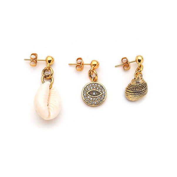 Han Gold Plated Eye Seashell Charm Pinned Earrings - 1