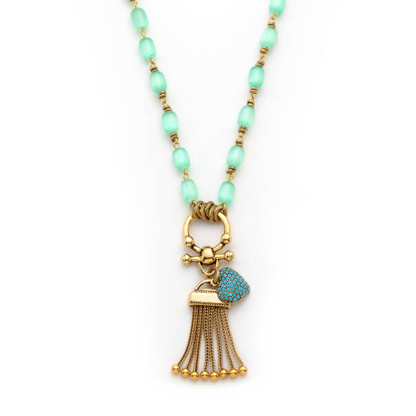 Heartfelt Gold Plated Tassel Turquoise & Selenite Natural Stone Necklace - 3