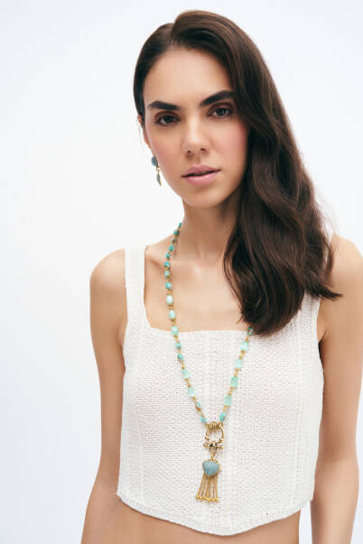 Heartfelt Gold Plated Tassel Turquoise & Selenite Natural Stone Necklace - 2