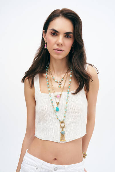 Heartfelt Gold Plated Tassel Turquoise & Selenite Natural Stone Necklace - 4