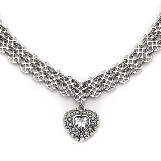 Hearty Zircon Heart, Silver Plated Choker Necklace - 