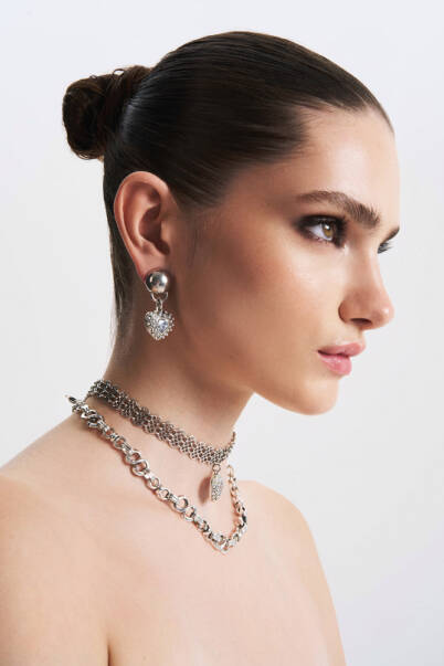 Hearty Zircon Heart, Silver Plated Choker Necklace - 6