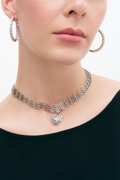 Hearty Zircon Heart, Silver Plated Choker Necklace - 3