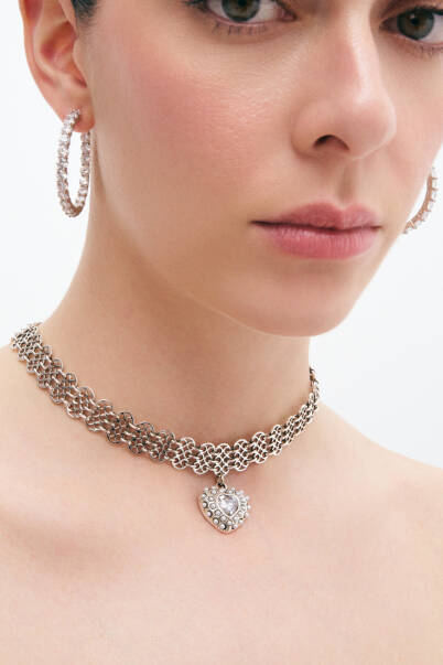 Hearty Zircon Heart, Silver Plated Choker Necklace - 2