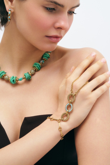 Honey Band Turquoise Natural Stone Gold Plated Chain Hand Bracelet - (1)