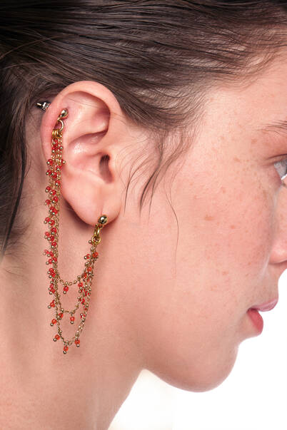 Hood Red Chain Gold Plated Pinned Earrings - 2