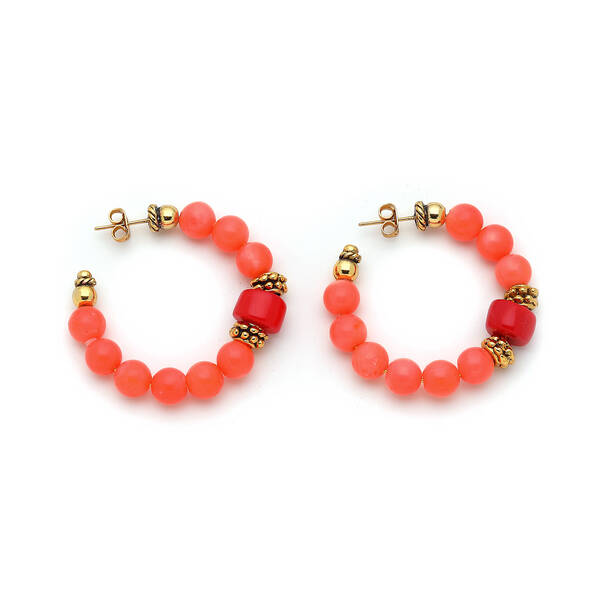İman Pink Coral Natural Stone Hoop Pinned Earrings - 1