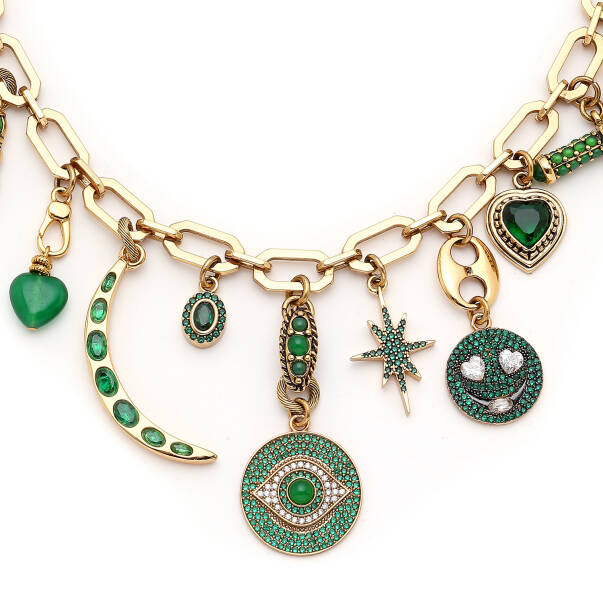 Iris Heart, Eye, Moon & Star Zircon Charm Jade Natural Stone Gold Plated Chain Necklace - 3