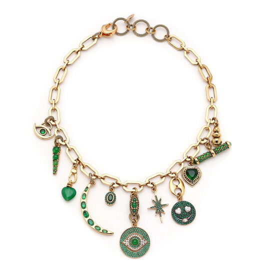 Iris Heart, Eye, Moon & Star Zircon Charm Jade Natural Stone Gold Plated Chain Necklace - (1)