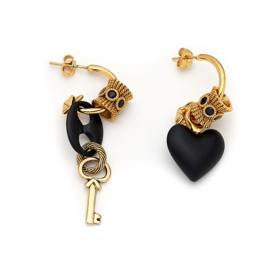 Ivy Gold Plated Heart, Key Charm Pinned Earrings 