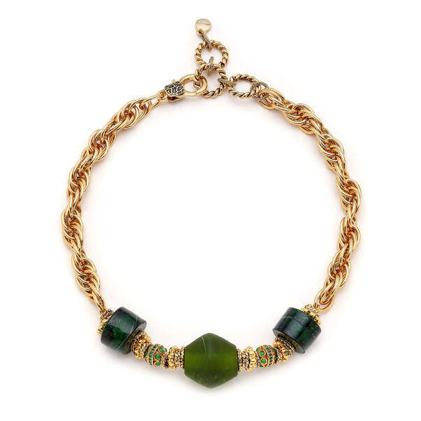 Kin Glass Bead Gold Plated Chain Necklace - 1