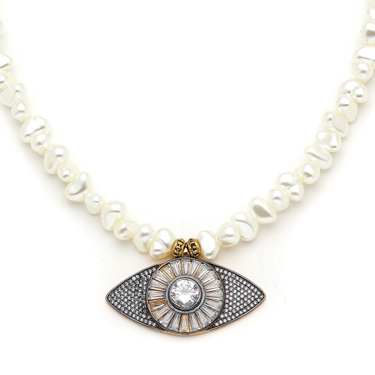 Kismet Pearl Gold Plated Eye Zircon Charm Necklace - 
