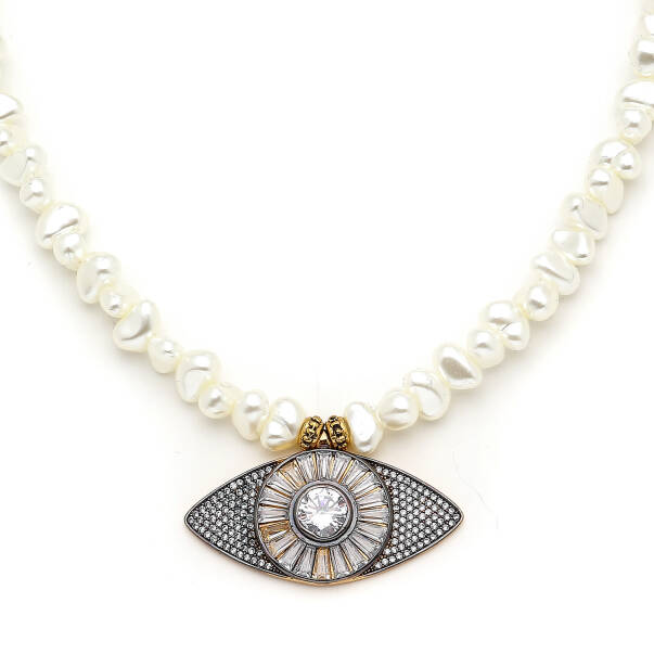 Kismet Pearl Gold Plated Eye Zircon Charm Necklace - 4