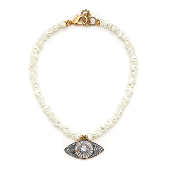 Kismet Pearl Gold Plated Eye Zircon Charm Necklace 