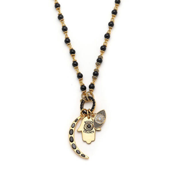Ladies' Protectıon Oniks Altın Kaplama Ay Charm Kolye - 4