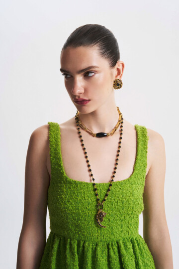 Ladies' Protectıon Oniks Altın Kaplama Ay Charm Kolye - (1)