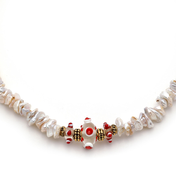 Linked Red Glass Bead Pearl Necklace - 3