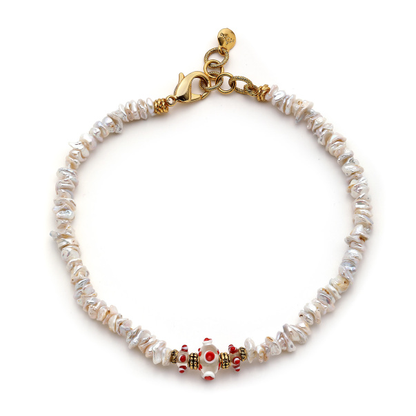 Linked Red Glass Bead Pearl Necklace - 1