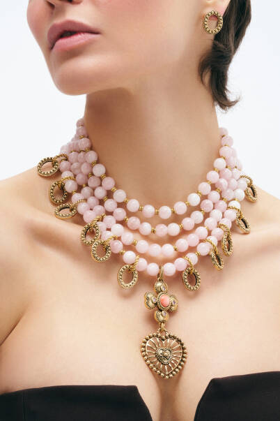 Lovely Pink Quartz Natural Stone Heart Charm Evening Necklace - 1