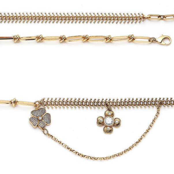 Lucky Bloom Zircon Clover Charm Gold Plated Chain Belt - 4