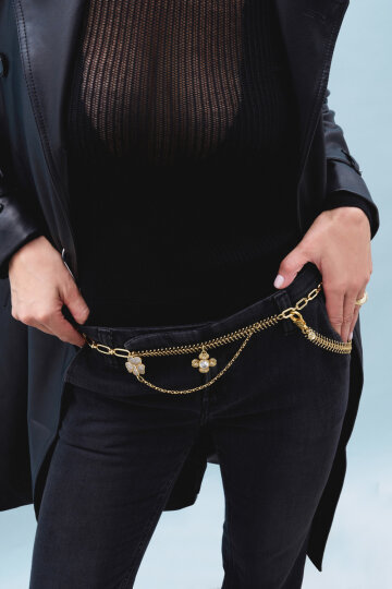 Lucky Bloom Zircon Clover Charm Gold Plated Chain Belt - (1)