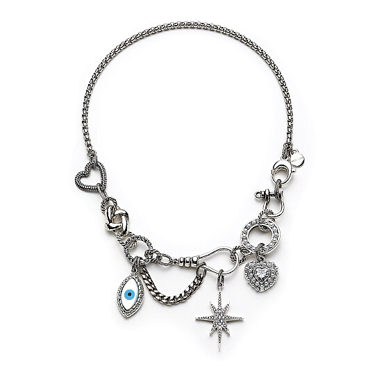 Lucky Charms Eye, Star & Heart Charm Silver Plated Chain Necklace - 