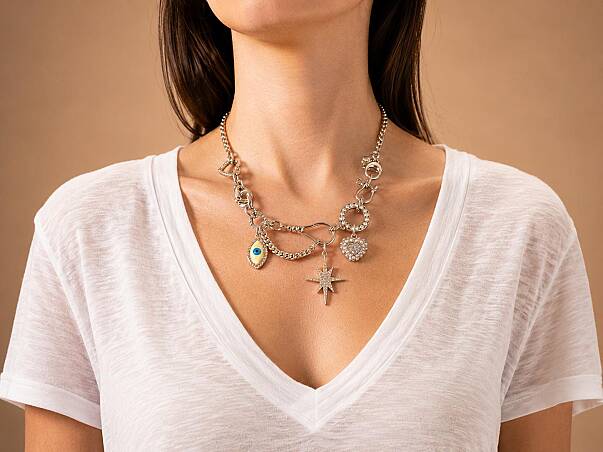 Lucky Charms Eye, Star & Heart Charm Silver Plated Chain Necklace - 2