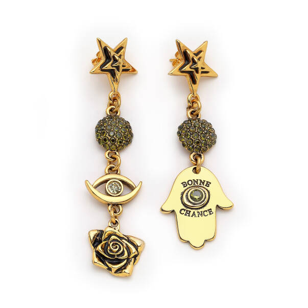 Luna Gold Plated Zircon Star, Eye, Rose Charm Pinned Earrings - 1