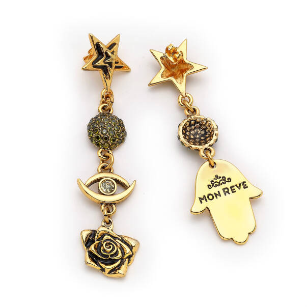 Luna Gold Plated Zircon Star, Eye, Rose Charm Pinned Earrings - 2