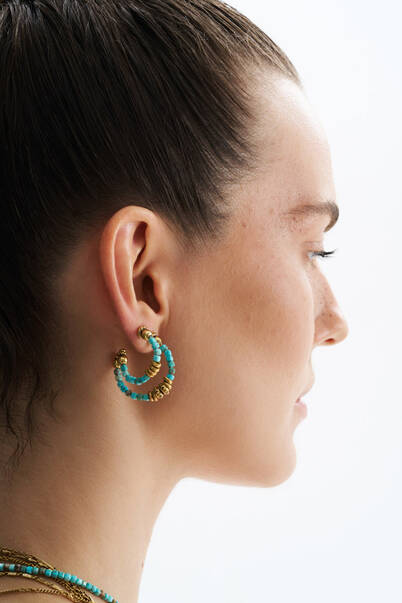 Lure Turquoise Natural Stone Gold Plated Hoop Pinned Earrings - 2