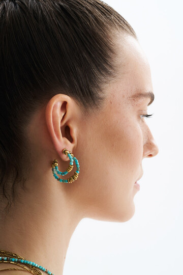 Lure Turquoise Natural Stone Gold Plated Hoop Pinned Earrings - (1)