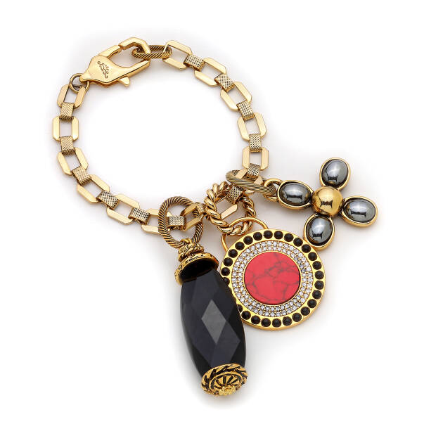 Luxe Link Altın Kaplama Oniks,Hematit Doğaltaş Charm Çanta Aksesuarı - 1