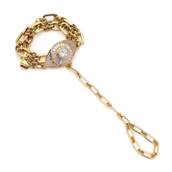 Maeve Gold Plated Eye Zircon Charm Chain Hand Bracelet - 1