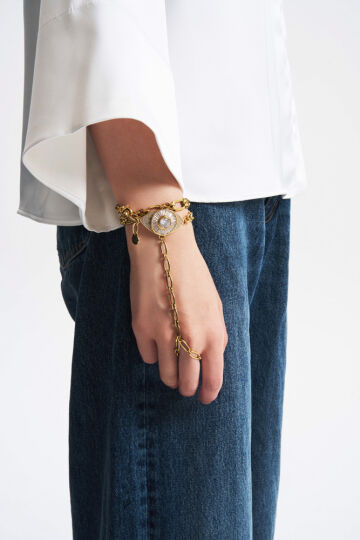 Maeve Gold Plated Eye Zircon Charm Chain Hand Bracelet - (1)