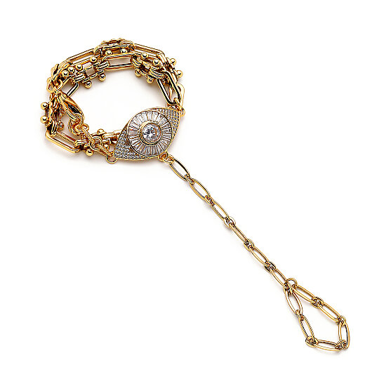 Maeve Gold Plated Eye Zircon Charm Chain Hand Bracelet - 
