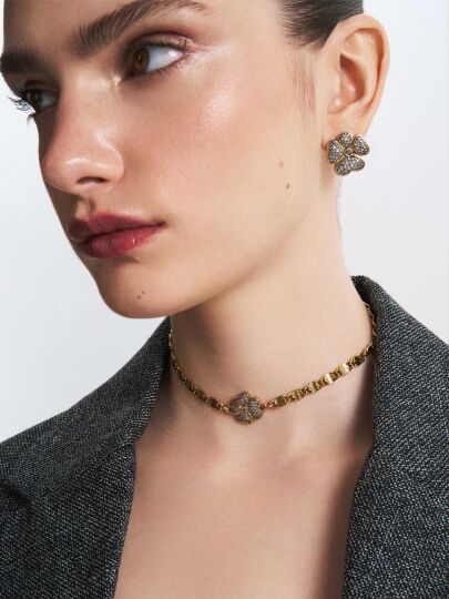 Meryl Altın Kaplama Zirkon Yonca Charm İğneli Küpe - (1)