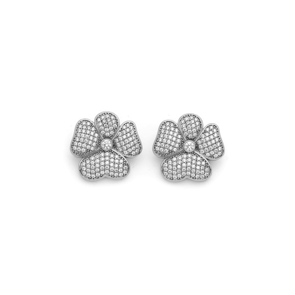 Meryl Zircon Clover Silver Plated Pinned Earrings - 1