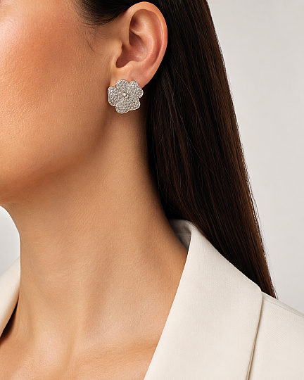 Meryl Zircon Clover Silver Plated Pinned Earrings - (1)