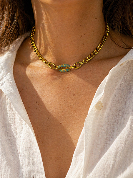 Mirava Turquoise Zircon Charm Gold Plated Chain Necklace - 4