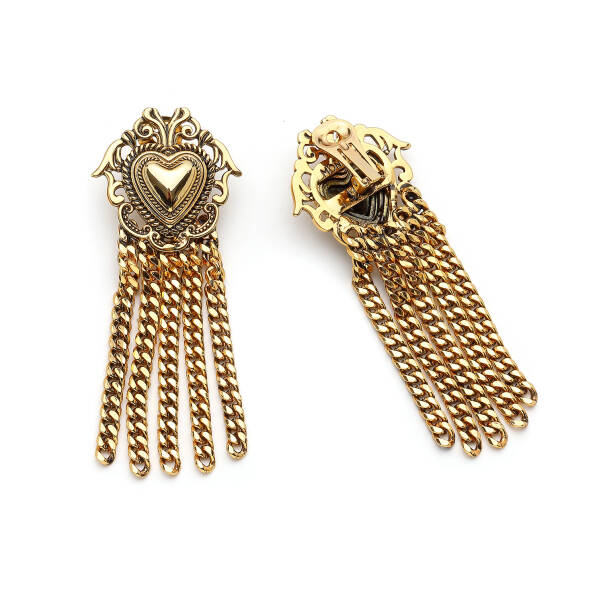 Mirea Heart Charm Chain Tassel Gold Plated Clip Earrings - 2