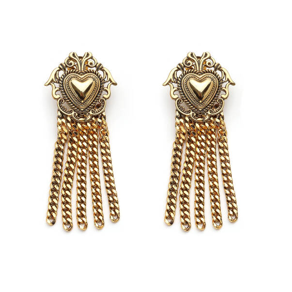 Mirea Heart Charm Chain Tassel Gold Plated Clip Earrings - 1