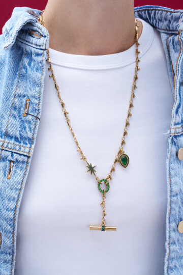 Mixed Star and Drop Stone Charm Gold Plated Chain Necklace - (1)