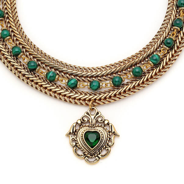 Muse Heart Charm Malachite Natural Stone Gold Plated Chain Necklace - 3
