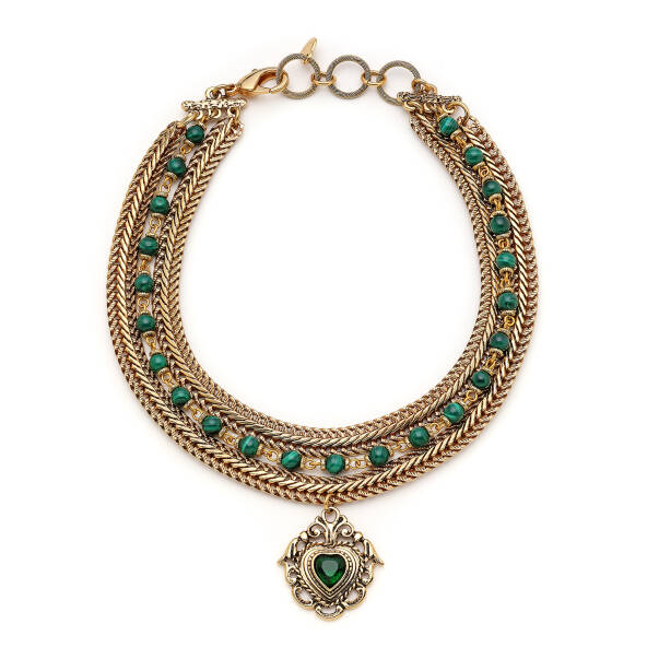 Muse Heart Charm Malachite Natural Stone Gold Plated Chain Necklace - 1