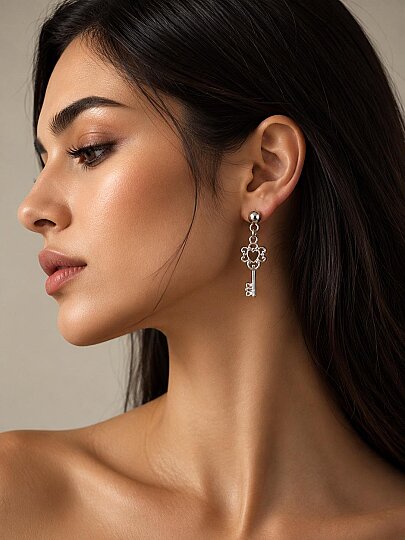My Angel Wing & Key Charm Silver Plated Stud Earrings - (1)